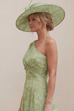 One Shoulder A Line Sage Green Floral Mum of the Bride Dress with Back Bow
