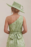 One Shoulder A Line Sage Green Floral Mum of the Bride Dress with Back Bow
