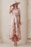 Floral Dusty Rose A Line Short Sleeve High-Low Mum of the Bride Dress with Belt
