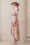 Floral Dusty Rose A Line Short Sleeve High-Low Mum of the Bride Dress with Belt