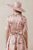 Floral Dusty Rose A Line Short Sleeve High-Low Mum of the Bride Dress with Belt