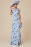 Light Blue Cowl Neck Mermaid Floral Mum of the Bride Dress with Slit