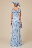 Light Blue Cowl Neck Mermaid Floral Mum of the Bride Dress with Slit