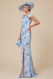 Light Blue Cowl Neck Mermaid Floral Mum of the Bride Dress with Slit