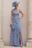 One Shoulder Dusty Blue A Line Ruched Floral Mum of the Bride Dress with Slit