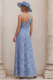 One Shoulder Dusty Blue A Line Ruched Floral Mum of the Bride Dress with Slit