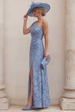 One Shoulder Dusty Blue A Line Ruched Floral Mum of the Bride Dress with Slit