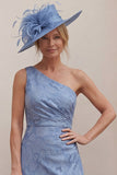 One Shoulder Dusty Blue A Line Ruched Floral Mum of the Bride Dress with Slit