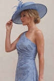 One Shoulder Dusty Blue A Line Ruched Floral Mum of the Bride Dress with Slit