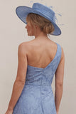 One Shoulder Dusty Blue A Line Ruched Floral Mum of the Bride Dress with Slit