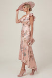 Dusty Rose One Shoulder Ruffled Mermaid Floral High-Low Mum of the Bride Dress