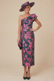 Fuchsia Sheath Floral One Shoulder Ruffled Midi Mum of the Bride Dress