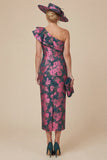 Fuchsia Sheath Floral One Shoulder Ruffled Midi Mum of the Bride Dress