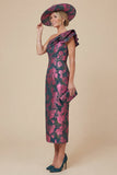 Fuchsia Sheath Floral One Shoulder Ruffled Midi Mum of the Bride Dress