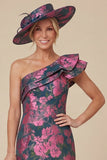 Fuchsia Sheath Floral One Shoulder Ruffled Midi Mum of the Bride Dress