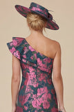 Fuchsia Sheath Floral One Shoulder Ruffled Midi Mum of the Bride Dress