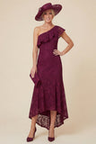Lace One Shoulder Mermaid Ruffled Burgundy Mum of the Bride Dress