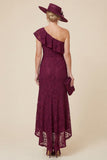 Lace One Shoulder Mermaid Ruffled Burgundy Mum of the Bride Dress