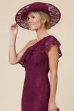 Lace One Shoulder Mermaid Ruffled Burgundy Mum of the Bride Dress