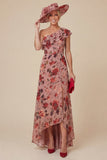Floral Dusty Rose One Shoulder Ruffled Mum of the Bride Dress with Slit
