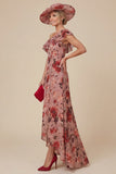 Floral Dusty Rose One Shoulder Ruffled Mum of the Bride Dress with Slit