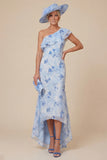 Light Blue Floral Mermaid Ruffled One Shoulder High-Low Mum of the Bride Dress