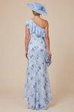 Light Blue Floral Mermaid Ruffled One Shoulder High-Low Mum of the Bride Dress