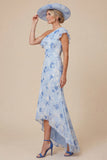 Light Blue Floral Mermaid Ruffled One Shoulder High-Low Mum of the Bride Dress