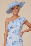 Light Blue Floral Mermaid Ruffled One Shoulder High-Low Mum of the Bride Dress