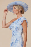 Light Blue Floral Mermaid Ruffled One Shoulder High-Low Mum of the Bride Dress
