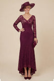 Burgundy Lace V-Neck Mermaid Mum of the Bride Dress with Long Sleeves