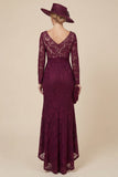 Burgundy Lace V-Neck Mermaid Mum of the Bride Dress with Long Sleeves