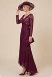 Burgundy Lace V-Neck Mermaid Mum of the Bride Dress with Long Sleeves