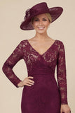Burgundy Lace V-Neck Mermaid Mum of the Bride Dress with Long Sleeves