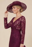Burgundy Lace V-Neck Mermaid Mum of the Bride Dress with Long Sleeves