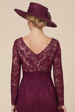 Burgundy Lace V-Neck Mermaid Mum of the Bride Dress with Long Sleeves