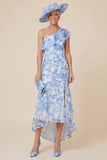 One Shoulder Light Blue Ruffle Floral Mum of the Bride Dress with Slit