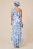 One Shoulder Light Blue Ruffle Floral Mum of the Bride Dress with Slit