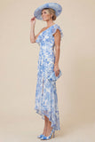 One Shoulder Light Blue Ruffle Floral Mum of the Bride Dress with Slit