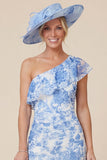 One Shoulder Light Blue Ruffle Floral Mum of the Bride Dress with Slit
