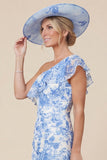 One Shoulder Light Blue Ruffle Floral Mum of the Bride Dress with Slit