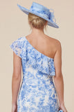 One Shoulder Light Blue Ruffle Floral Mum of the Bride Dress with Slit