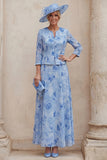 Blue A Line Floral 2 Piece Mum of the Bride Dress with Jacket