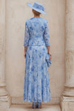Blue A Line Floral 2 Piece Mum of the Bride Dress with Jacket