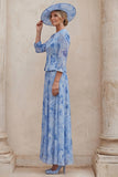Blue A Line Floral 2 Piece Mum of the Bride Dress with Jacket
