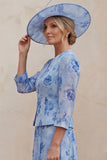 Blue A Line Floral 2 Piece Mum of the Bride Dress with Jacket