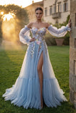 Light Blue Strapless A Line 3D FLower Long Prom Dress with Removable Sleeves