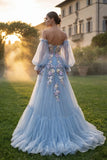 Light Blue Strapless A Line 3D FLower Long Prom Dress with Removable Sleeves