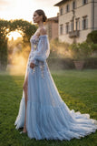 Light Blue Strapless A Line 3D FLower Long Prom Dress with Removable Sleeves