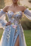 Light Blue Strapless A Line 3D FLower Long Prom Dress with Removable Sleeves